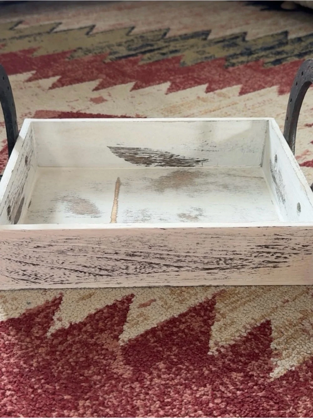 Rustic Farmhouse Whitewashed Wooden Tray with Horseshoe Handles